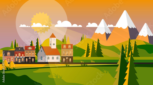 Colorful Flat Design Countryside Landscape, Vector Illustration. 