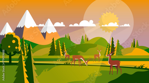 Colorful Flat Design Countryside Landscape, Vector Illustration. 