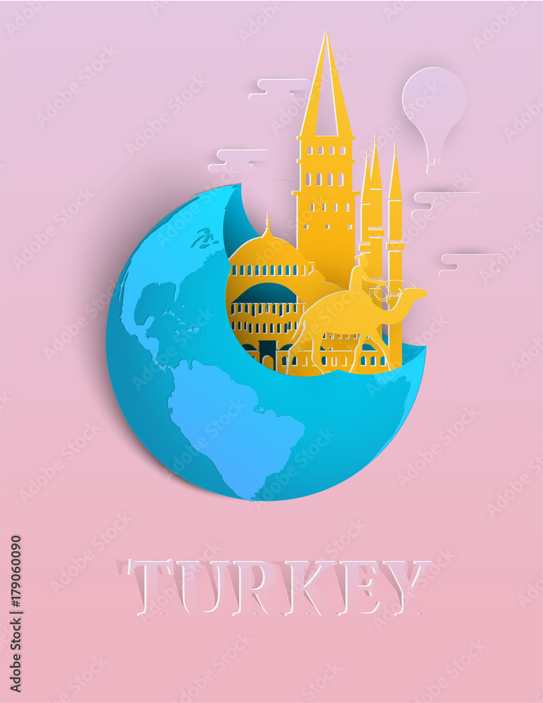 Paper art travel infographic.Turkey infographic; welcome to Istanbul.Landmarks in global concept, pastel color with paper art style.