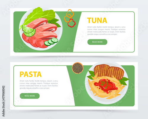 Restaurant banners with different ingredients and dishes top view