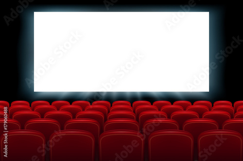 Realistic cinema hall interior with red seats. Cinema movie premiere poster design with empty white screen. Vector illustration.
