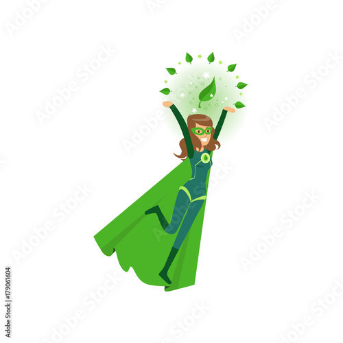 Smiling eco superhero fly with hands up