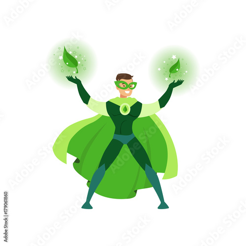 Handsome cartoon eco hero posing with hands up