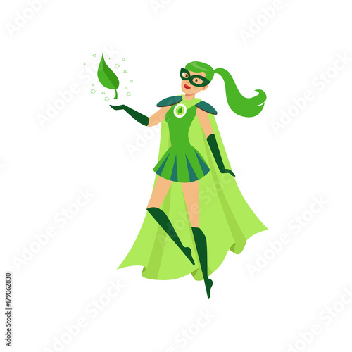 Beautiful eco superhero girl soar in air