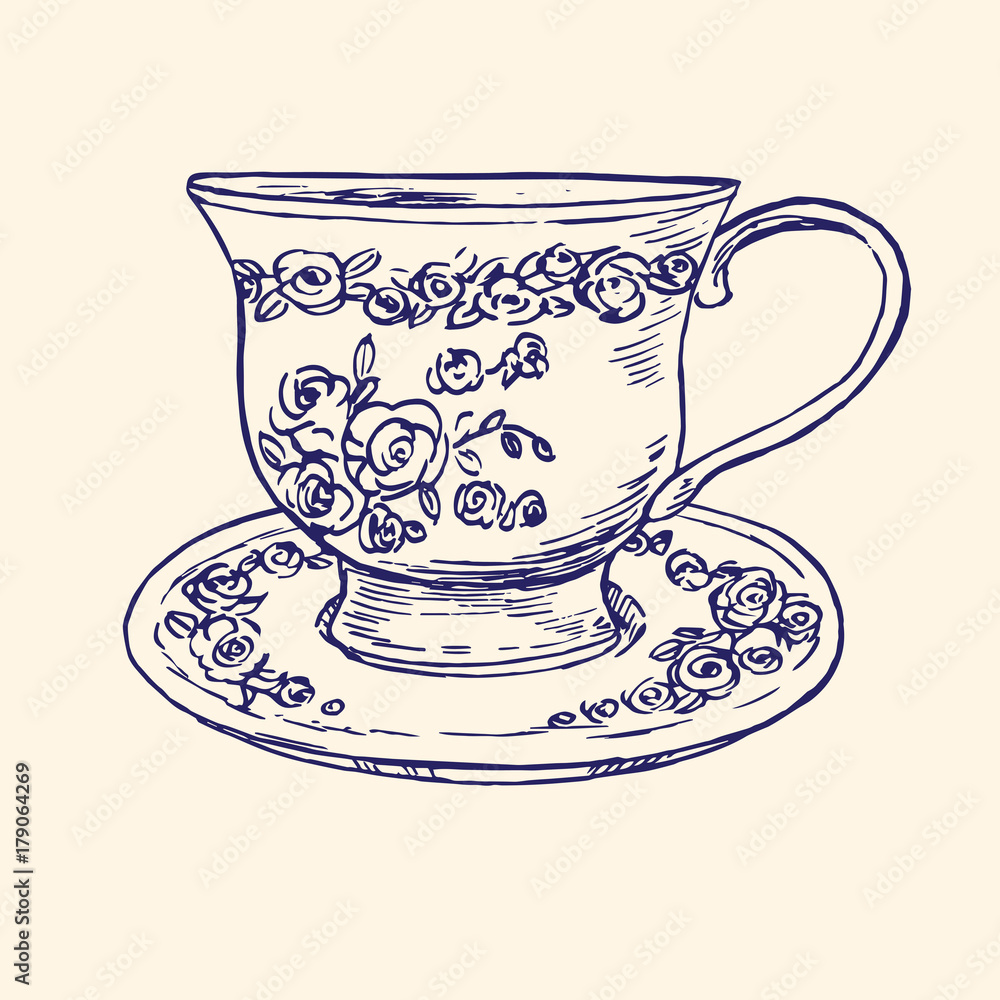 Premium Vector | A cup of tea with a saucer. illustration in pink and  white. line drawing.