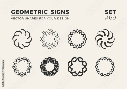 Set of eight minimalistic trendy shapes. Stylish vector logo emblems for Your design. Simple geometric signs collection.