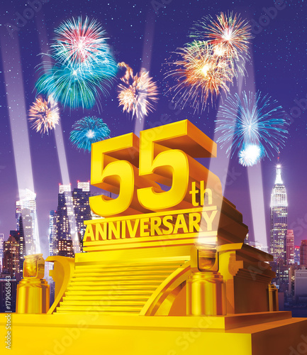 Golden 55th anniversary against city skyline