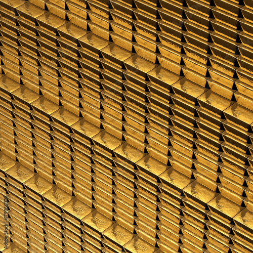 Gold Bars stacked in rows behind security bars. 3D Rendering