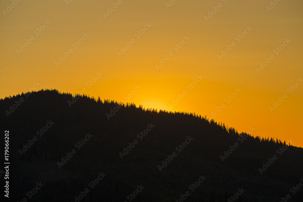 Sunrise against the background of the Carpathian mountains in the summer. Ukraine