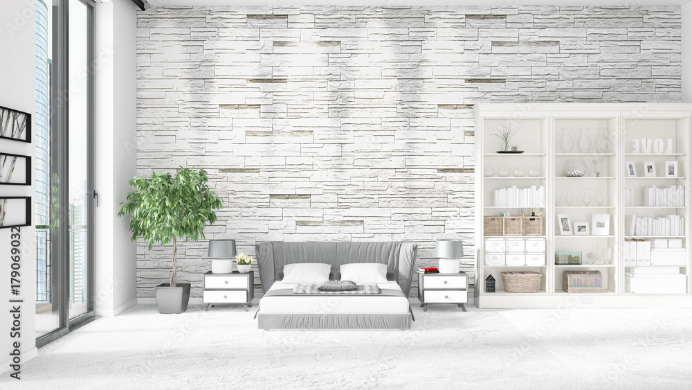 Fototapeta premium Scene with brand new interior in vogue with white rack and modern bed. 3D rendering. Horizontal arrangement.
