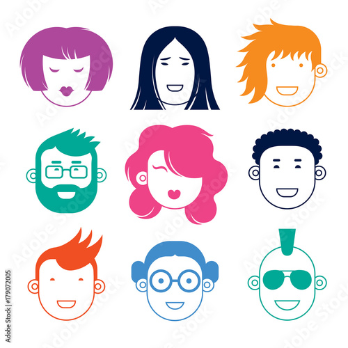 Face_flat3/A set of human faces. Faces verbaut positive emotions.Vector flat design illustrations isolated on white background.