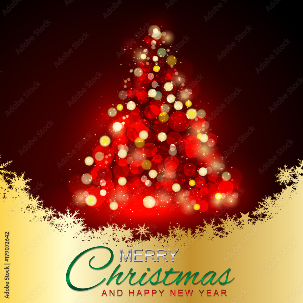 Merry Christmas and Happy New Year, Christmas Tree Light and Text. greeting card or poster template flyer or invitation design.