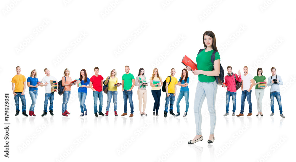 Obraz premium Large group of teenage students isolated on white background. Many different people standing together. School, education, college, university concept.