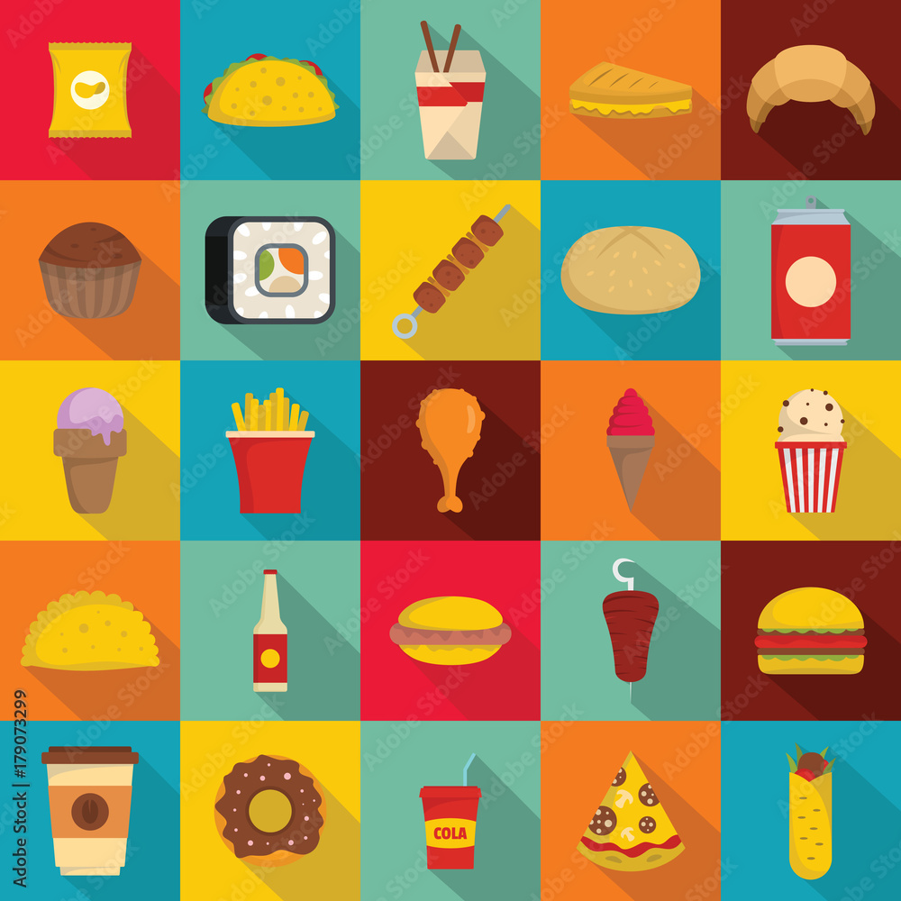 Fast food icons set, flat style Fast food icons set, flat style