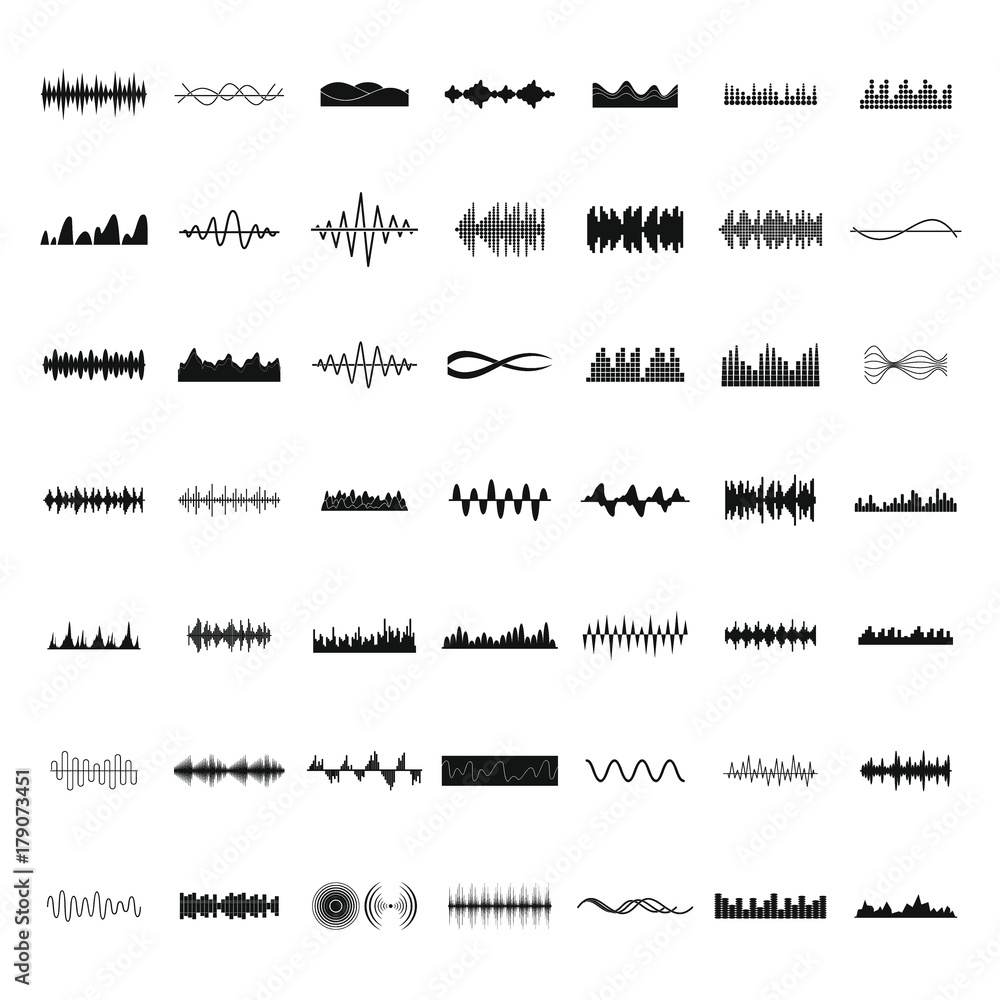Sound wave icons set, simple style