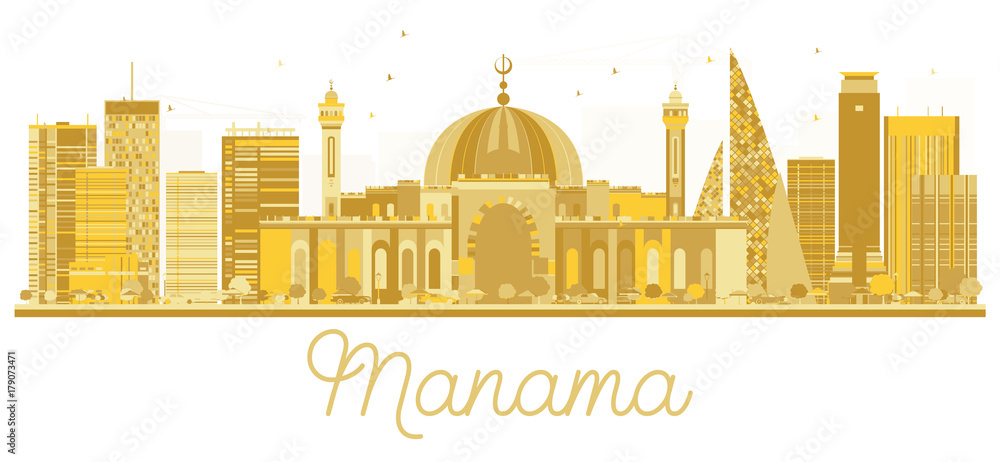 Manama City skyline golden silhouette.