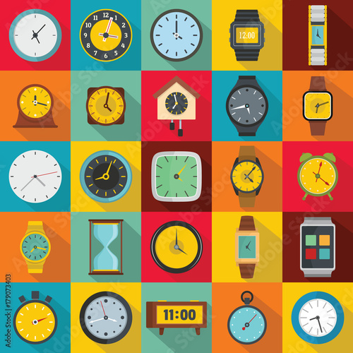 Time and clock icons set, flat style