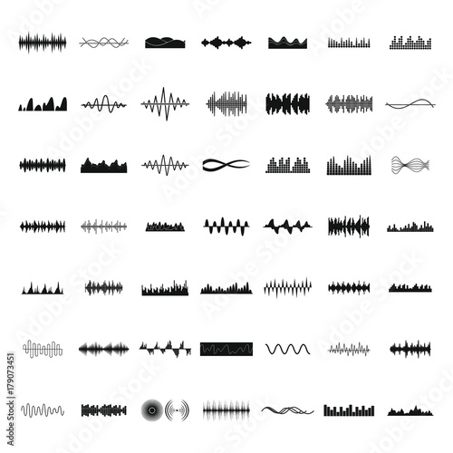 Sound wave icons set, simple style