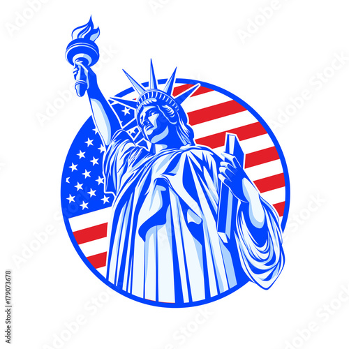 statue of liberty in blue on the background of the USA flag