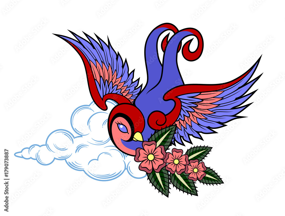 Fototapeta premium Swallow carrying a flowering branch in its beak