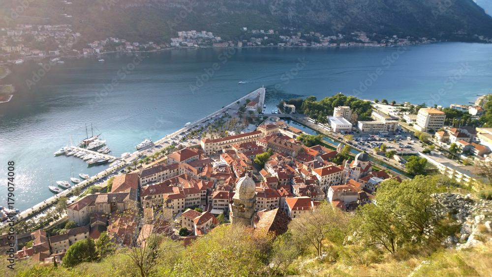 Marina view in the shape of a triangle and the old town of Kotor, in Montenegro