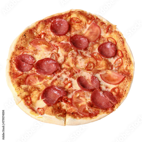 Spicy pepperoni Pizza with salami, tomatos and chilli. Top view. Isolated on white