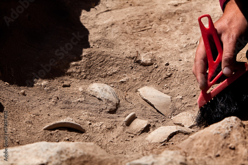 Archaeological tools, Archeaologist working on site, close-up, hand and tool