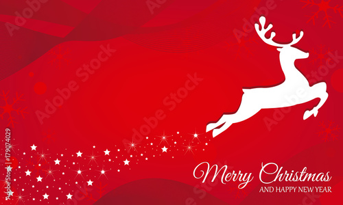 Christmas card White reindeer on red background. Space for text