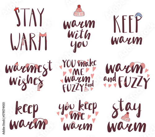 Set of different quotes, typographic elements about warmth, with hand drawn doodles of knitted caps and scarfs. Isolated objects on white background. Design concept winter, autumn, love.