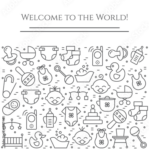 Baby theme horizontal banner. Pictograms of baby, pram, crib, mobile, toys, rattle, bottle, diaper, bathtub, cloth, bib and other newborn related elements. Line out symbols