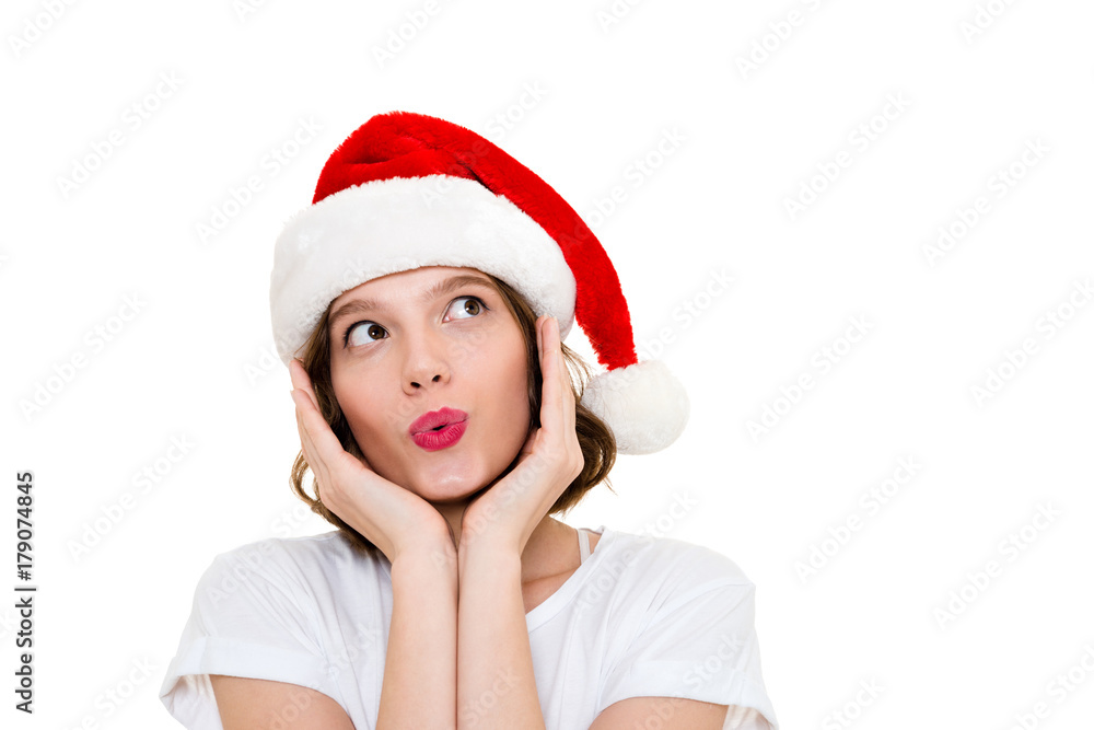 Caucasian woman wearing christmas hat standing isolated Caucasian woman wearing christmas hat standing isolated