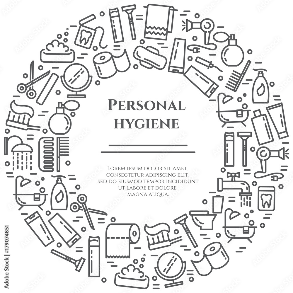 Personal hygiene line banner. Set of elements of shower, soap, bathroom, toilet, toothbrush and other cleaning pictograms. Concept for website, card, infographic, advertise.