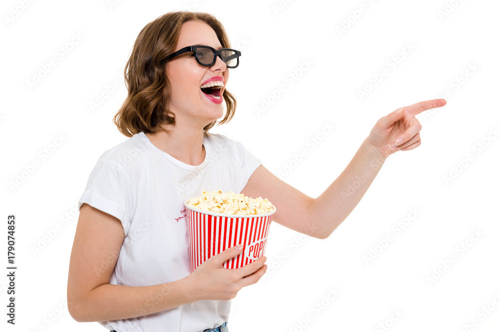 Laughing caucasian woman holding pop corn watch film. Laughing caucasian woman holding pop corn watch film.