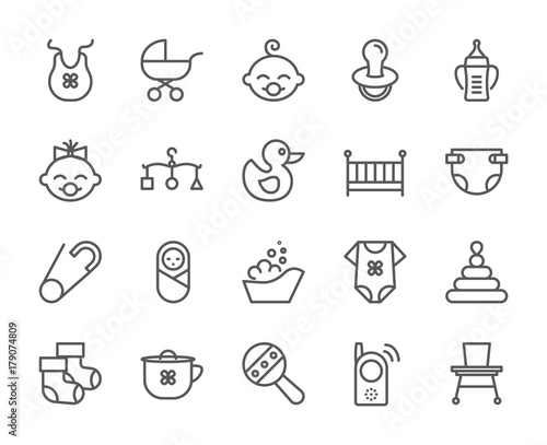 Baby theme pixel perfect 48X48 icons. Pictograms of baby, pram, crib, mobile, toys, rattle, bottle, diaper, bathtub, cloth, bib and other newborn related elements. Line out symbols.