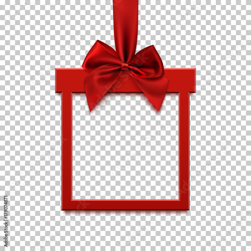 Square banner in form of gift with red ribbon and bow.