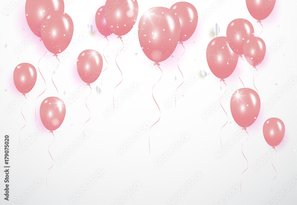 Silver confetti celebration party banner with pink balloons background. Vector illustration