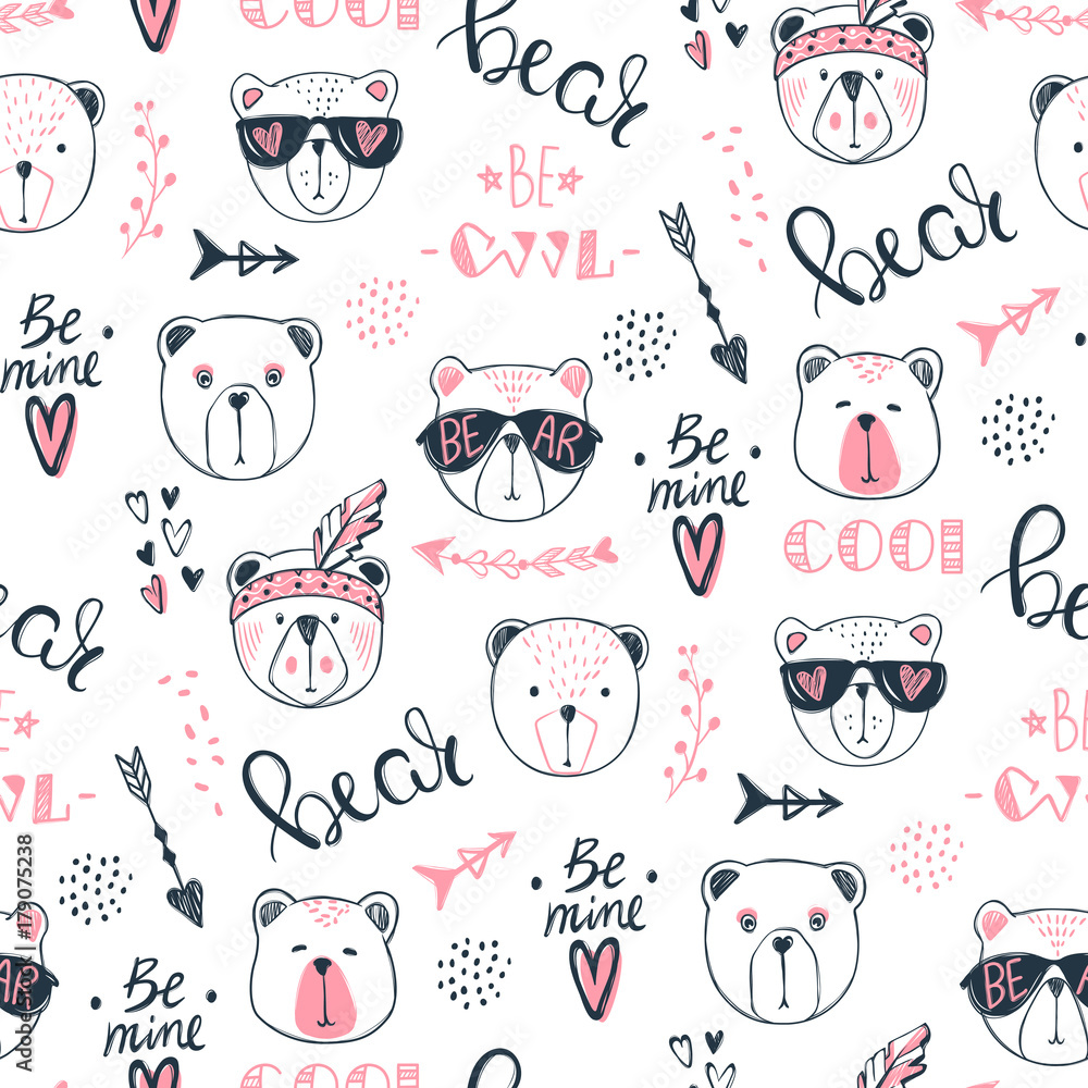 Naklejka premium Vector fashion bear seamless pattern. Cute teddy illustration in sketch style. Cartoon animals background. Doodle bears. Ideal for fabric, wallpaper, wrapping paper, textile, bedding, t-shirt print.