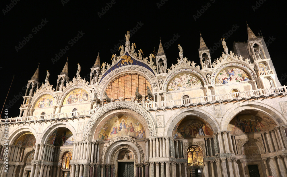 Venice Italy St. Mark's Basilica illuminated by night