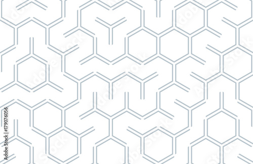 Seamless geometric pattern with hexagons and lines. Irregular structure for fabric print. Monochrome abstract background.
