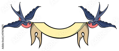 Swallows carrying a  banner. Old school tattoo style