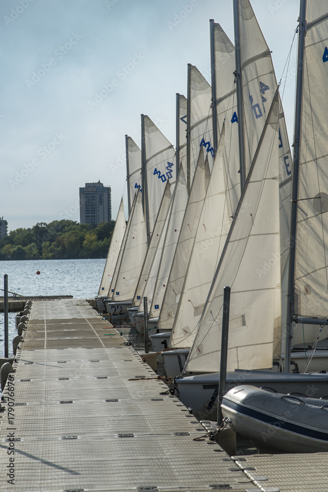 Fototapeta premium Minneapolis, Minnesota - September 19, 2017: 420 laser sailing boats in Lake Minnetonka in Minneapolis, USA