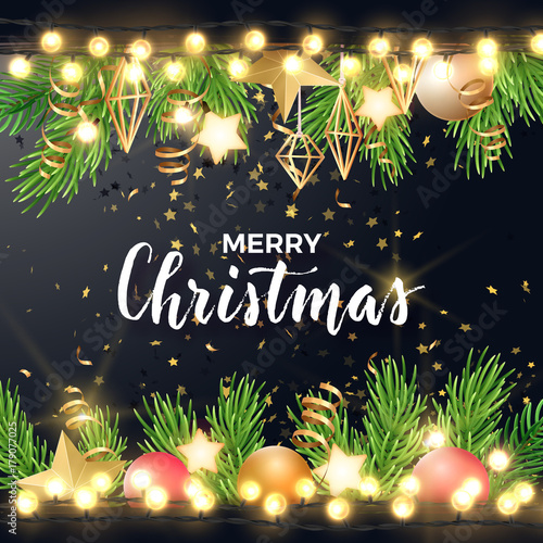 Festive Christmas and New Year vector design with fir tree branches, gold confetti, xmas ornaments, glowing stars and light garlands.