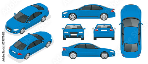 Set of Sedan Cars. Isolated car, template for branding and advertising. Front, rear , side, top and isometry front and back Change the color in one click