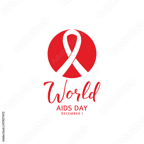 World Aids Day Symbol. Red Logo with Ribbon in Circle and Calligraphic Text. Vector Illustration with Lettering.