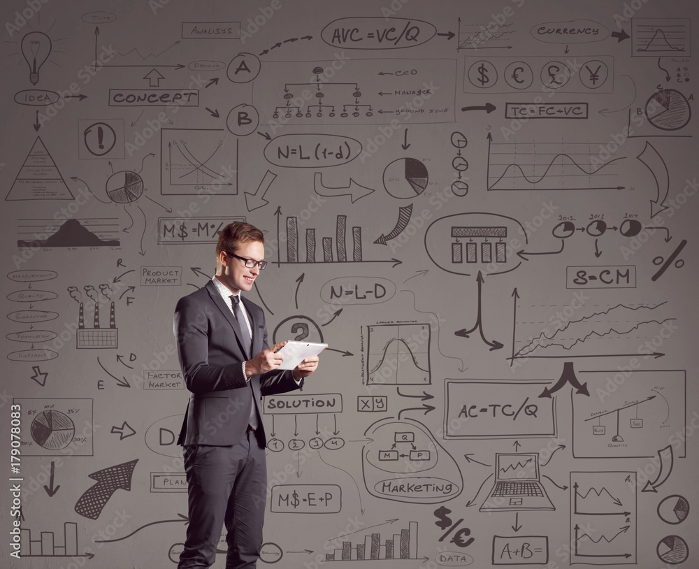 Businessman with computer tablet.  Schematic background. Business and office, concept.