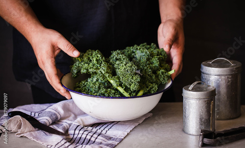 Kale cabbage green salad preparation process hands