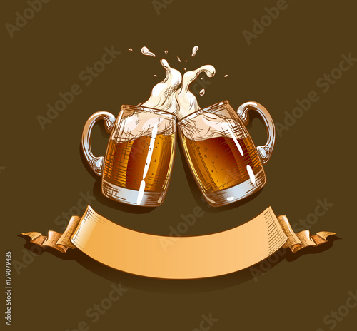 Two Mugs of Dark Beer clink at a toast with a splash of beer foam. Design template with ribbon for text applicable for menu restaurant, pub, bar, Oktoberfest banner, craft brewery, brewing. Vector