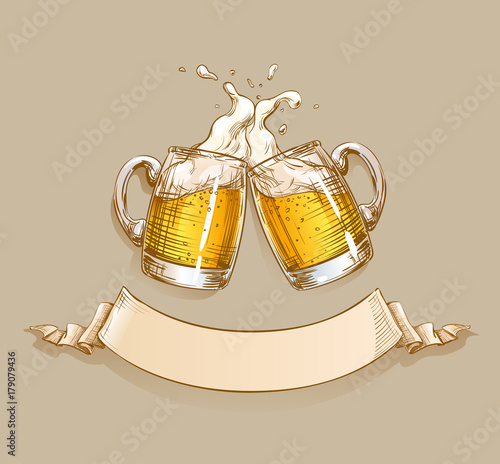 Two Mugs of Beer clink at a toast with a splash of beer foam. Design template with ribbon for text applicable for menu restaurant, pub, bar, poster, Oktoberfest banner, craft brewery, brewing. Vector