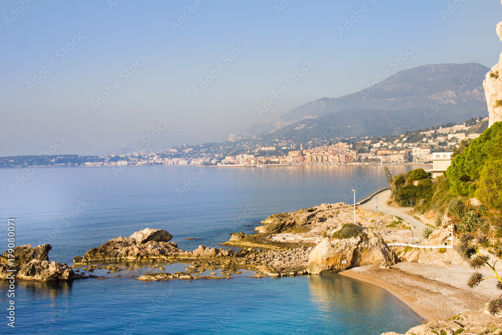 View of Menton (France) from a beach in Ventimiglia (Italy)
