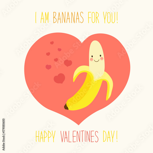 Cute unusual hand drawn Valentines Day card with funny cartoon character of banana
